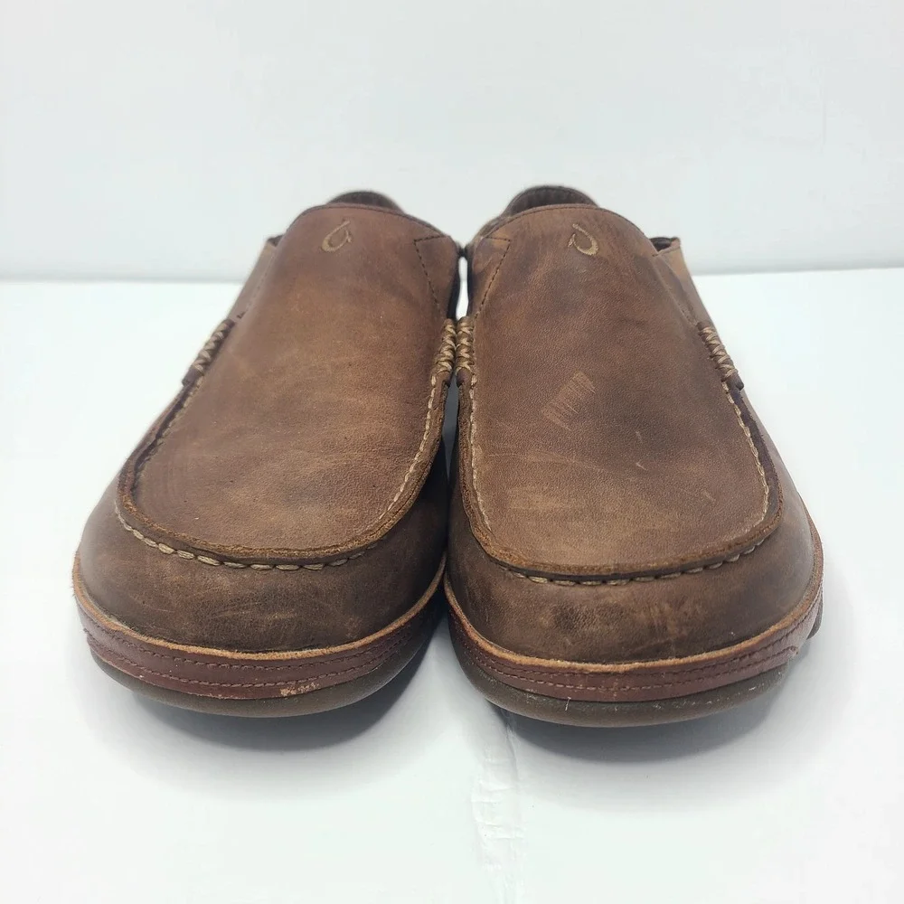 OluKai Moloa Mens 13 Leather Slip On Drop In Heel Shoes Toffee Loafers
